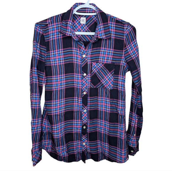 GAP Pink Blue Red White Button Down Flannel  Top XS Woman - Picture 1 of 9